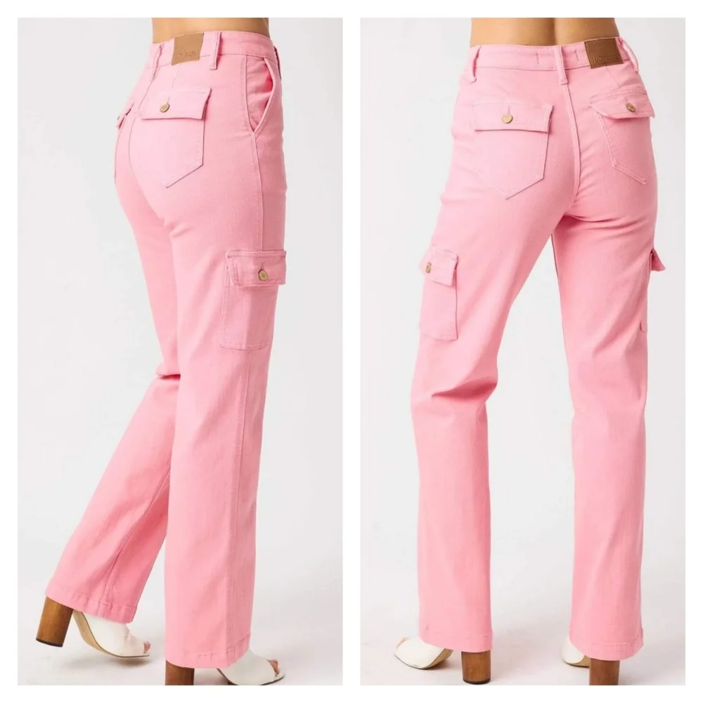 New Judy Blue Pink Garment Dyed Cargo Jeans - Picture 2 of 4